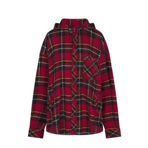SKIMS Red Plaid Hooded Flannel Shirt